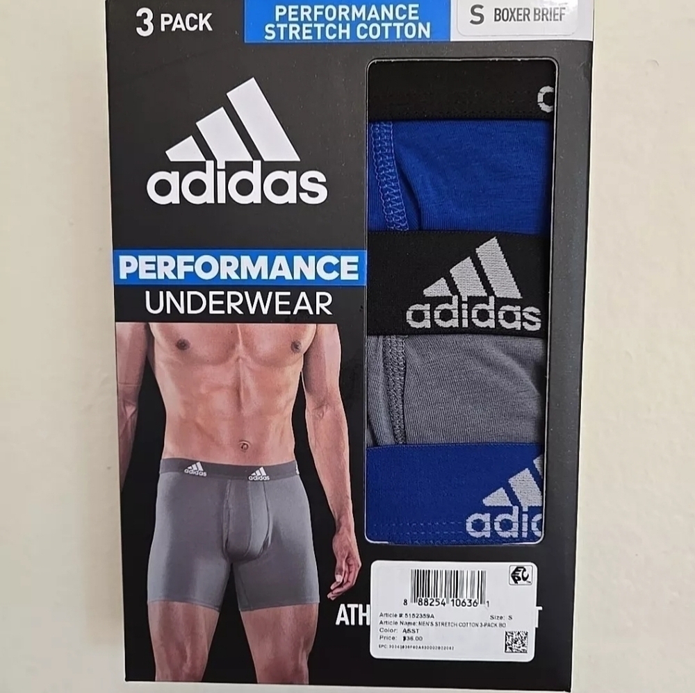 Adidas Men's Small 28-30 Stretch Cotton Trunk Underwear 3-Pack Blue Black Grey